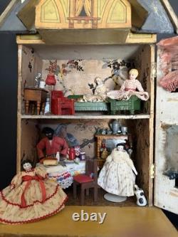 Antique 1890s German Lithograph Dollhouse with Furniture & China Dolls Victorian