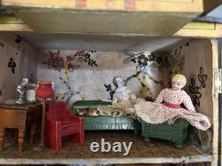 Antique 1890s German Lithograph Dollhouse with Furniture & China Dolls Victorian
