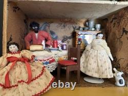 Antique 1890s German Lithograph Dollhouse with Furniture & China Dolls Victorian