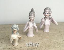 Antique 1900-1920'2 Marie Antoinette Porcelain Half Dolls Lot of 3 2.5 to 4.5