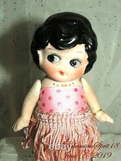 Antique 1920's Japan Kewpie Flapper Pink Fringes Skirt Bisque 6'' Girl Doll