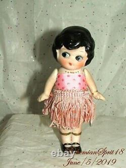 Antique 1920's Japan Kewpie Flapper Pink Fringes Skirt Bisque 6'' Girl Doll