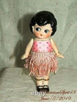 Antique 1920's Japan Kewpie Flapper Pink Fringes Skirt Bisque 6'' Girl Doll
