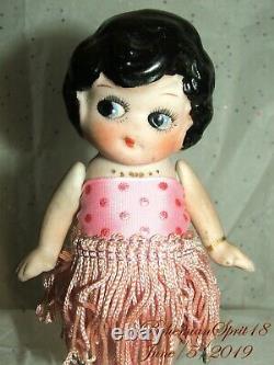 Antique 1920's Japan Kewpie Flapper Pink Fringes Skirt Bisque 6'' Girl Doll