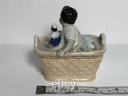 Antique 19th Century Baby With Trumpet And Doll Porcelain Fairing Trinket Box