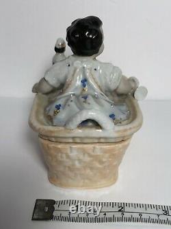 Antique 19th Century Baby With Trumpet And Doll Porcelain Fairing Trinket Box