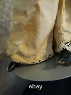 Antique 9 Porcelain Doll & Clothing & Dome Stand