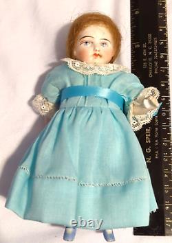 Antique All Bisque Doll 2120 5 White Lace Blue Dress Hand painted 5.75