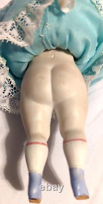 Antique All Bisque Doll 2120 5 White Lace Blue Dress Hand painted 5.75