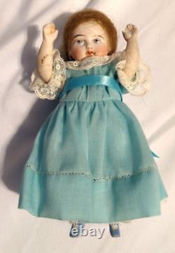 Antique All Bisque Doll 2120 5 White Lace Blue Dress Hand painted 5.75