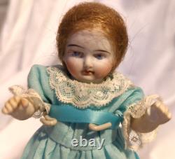 Antique All Bisque Doll 2120 5 White Lace Blue Dress Hand painted 5.75