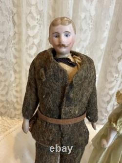 Antique All Original Doll House Couple Man & Woman Bisque