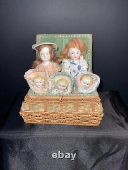 Antique Bisque Doll Set Japan Baby Dolls Wicker Trunk Display Lot