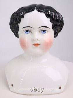 Antique Civil War 1860s 6 1/4 German Porcelain Doll Head Flat Top Black Hair