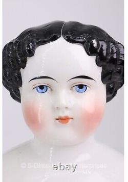 Antique Civil War 1860s 6 1/4 German Porcelain Doll Head Flat Top Black Hair