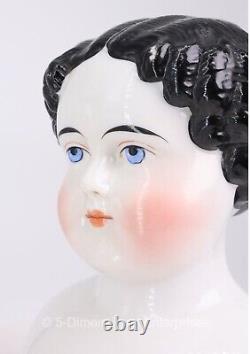 Antique Civil War 1860s 6 1/4 German Porcelain Doll Head Flat Top Black Hair