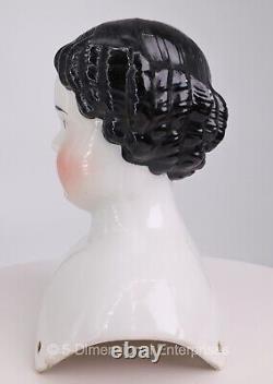 Antique Civil War 1860s 6 1/4 German Porcelain Doll Head Flat Top Black Hair