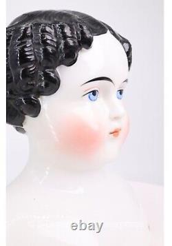 Antique Civil War 1860s 6 1/4 German Porcelain Doll Head Flat Top Black Hair