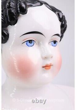 Antique Civil War 1860s 6 1/4 German Porcelain Doll Head Flat Top Black Hair