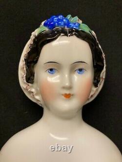 Antique Decorated German China Doll with Snood, Ruffles and Lace