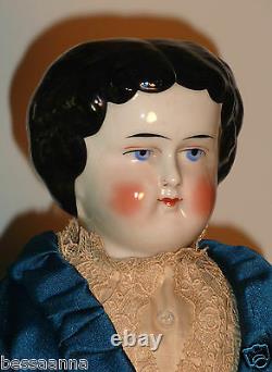 Antique Early China Head Flat Top Doll Beautiful Blue Fitted Gown