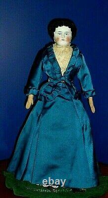 Antique Early China Head Flat Top Doll Beautiful Blue Fitted Gown