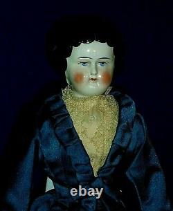 Antique Early China Head Flat Top Doll Beautiful Blue Fitted Gown