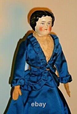 Antique Early China Head Flat Top Doll Beautiful Blue Fitted Gown