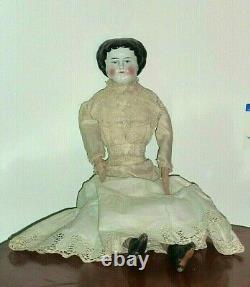 Antique Early China Head Flat Top Doll Beautiful Blue Fitted Gown