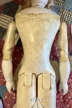 Antique French 17 Poupee Peau Jumeau WithKid Over Wood Body, Bisque Arms Fashion