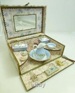 Antique French Doll Service Toilette Set Mirrored Box Vanity Wash Vintage