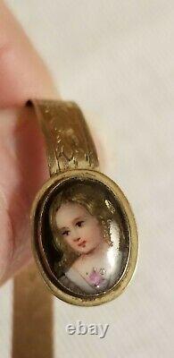 Antique French Hand Painted Porcelain Portrait Miniature 12k Gold Doll Bracelet