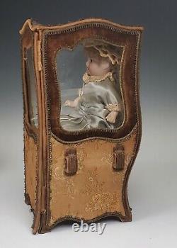 Antique French Porcelain Wood Doll in Brocade & Velvet Covered Sedan Chair