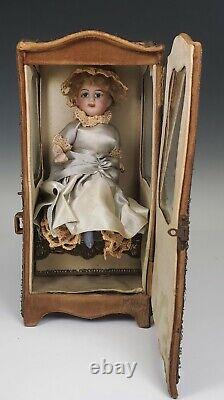 Antique French Porcelain Wood Doll in Brocade & Velvet Covered Sedan Chair