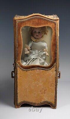 Antique French Porcelain Wood Doll in Brocade & Velvet Covered Sedan Chair