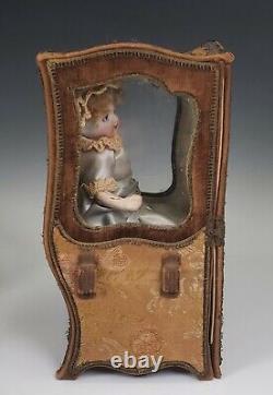 Antique French Porcelain Wood Doll in Brocade & Velvet Covered Sedan Chair