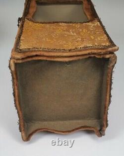 Antique French Porcelain Wood Doll in Brocade & Velvet Covered Sedan Chair