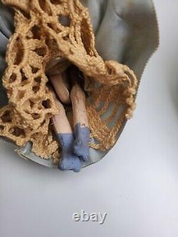 Antique French Porcelain Wood Doll in Brocade & Velvet Covered Sedan Chair
