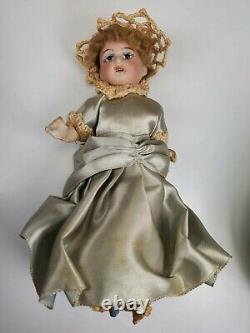 Antique French Porcelain Wood Doll in Brocade & Velvet Covered Sedan Chair