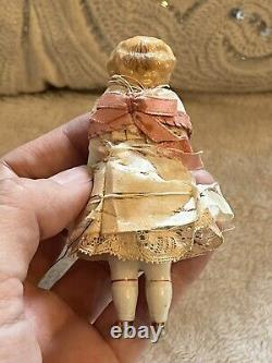 Antique Frozen Charlotte Blonde 4 China Doll with Original Dress Gold Shoes