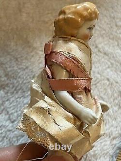 Antique Frozen Charlotte Blonde 4 China Doll with Original Dress Gold Shoes