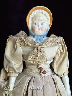 Antique German 12.5 China Shoulder Head Doll with Molded Bonnet