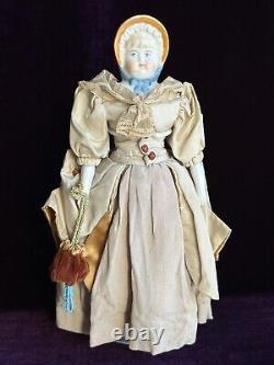 Antique German 12.5 China Shoulder Head Doll with Molded Bonnet