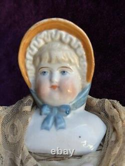 Antique German 12.5 China Shoulder Head Doll with Molded Bonnet