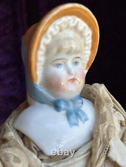 Antique German 12.5 China Shoulder Head Doll with Molded Bonnet