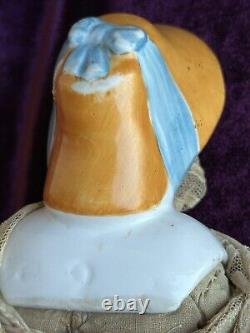 Antique German 12.5 China Shoulder Head Doll with Molded Bonnet