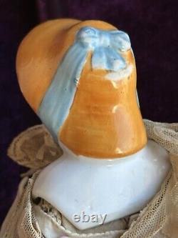 Antique German 12.5 China Shoulder Head Doll with Molded Bonnet