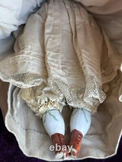 Antique German 12.5 China Shoulder Head Doll with Molded Bonnet