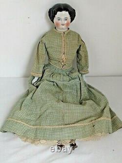 Antique German 19 Black Hair China Head c. 1860 Antique Green Gingham Clothes