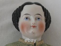 Antique German 19 Black Hair China Head c. 1860 Antique Green Gingham Clothes